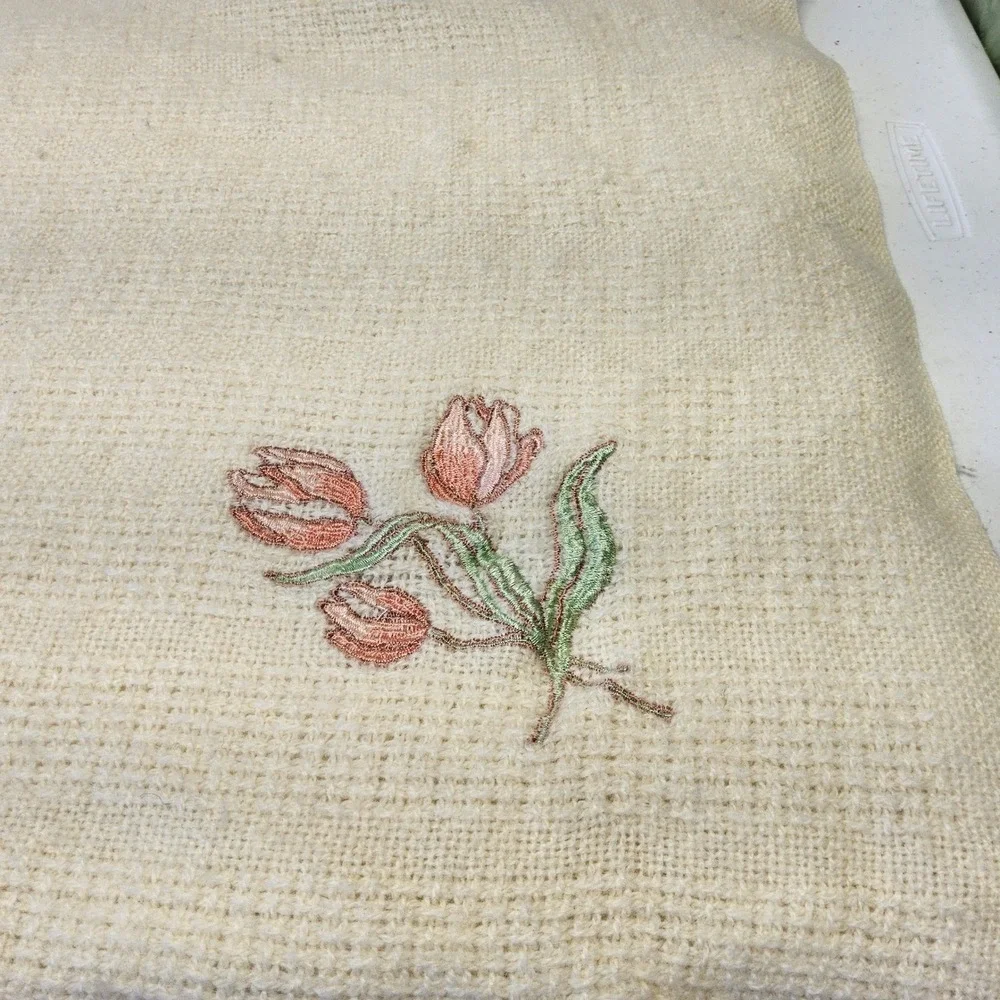 Tulips & Ivory Throw Blanket Unisex Cream Wool Blend Embroidered Pink Floral USA
